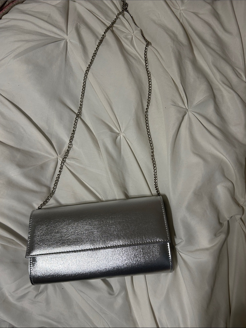 Metallic Silver Chain-Strap Clutch Wristlet